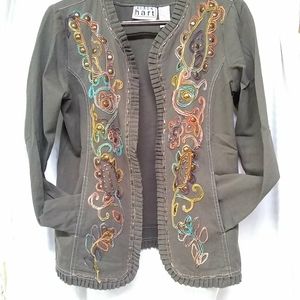 Keren Hart Women's Army Olive Green Embellished Ruffled Open Denim Jacket  S/40